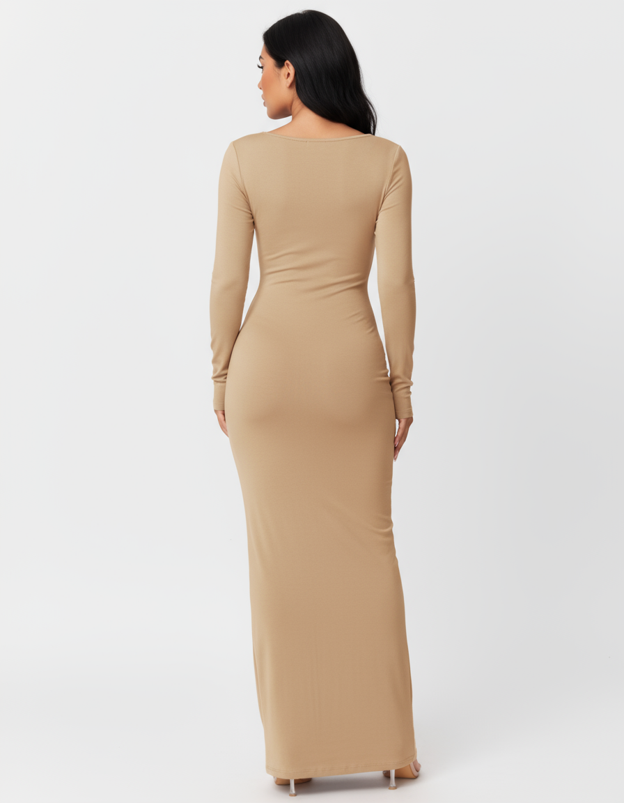 Long Sleeve Maxi Bodycon Dress – Apricot Elegance