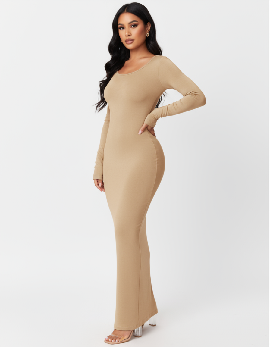 Long Sleeve Maxi Bodycon Dress – Apricot Elegance