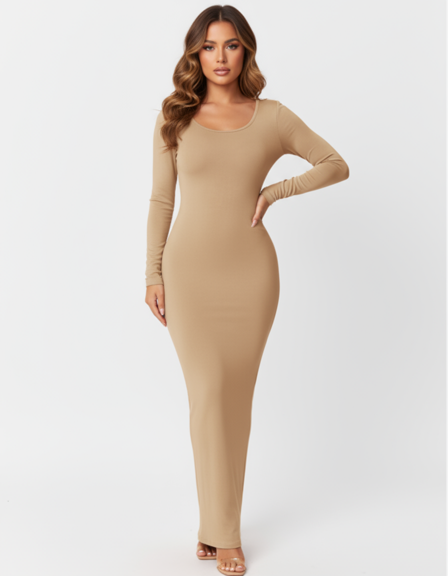 Long Sleeve Maxi Bodycon Dress – Apricot Elegance