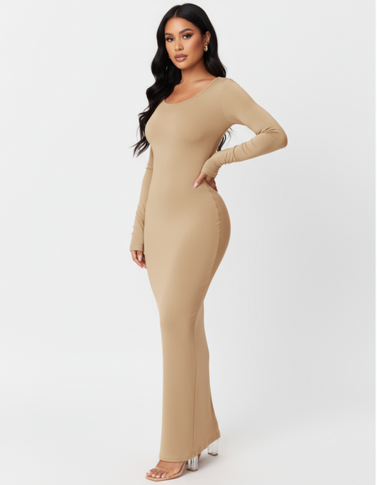 Long Sleeve Maxi Bodycon Dress – Apricot Elegance